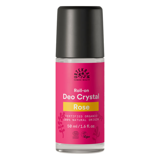 Urtekram Rose Deo Crystal Roll-On - 50ml | Pink packaging, organic vegan deodorant with mineral salts.