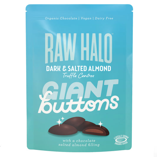 Raw Halo Giant Buttons - Dark & Salted Almond Truffle Centres 100g